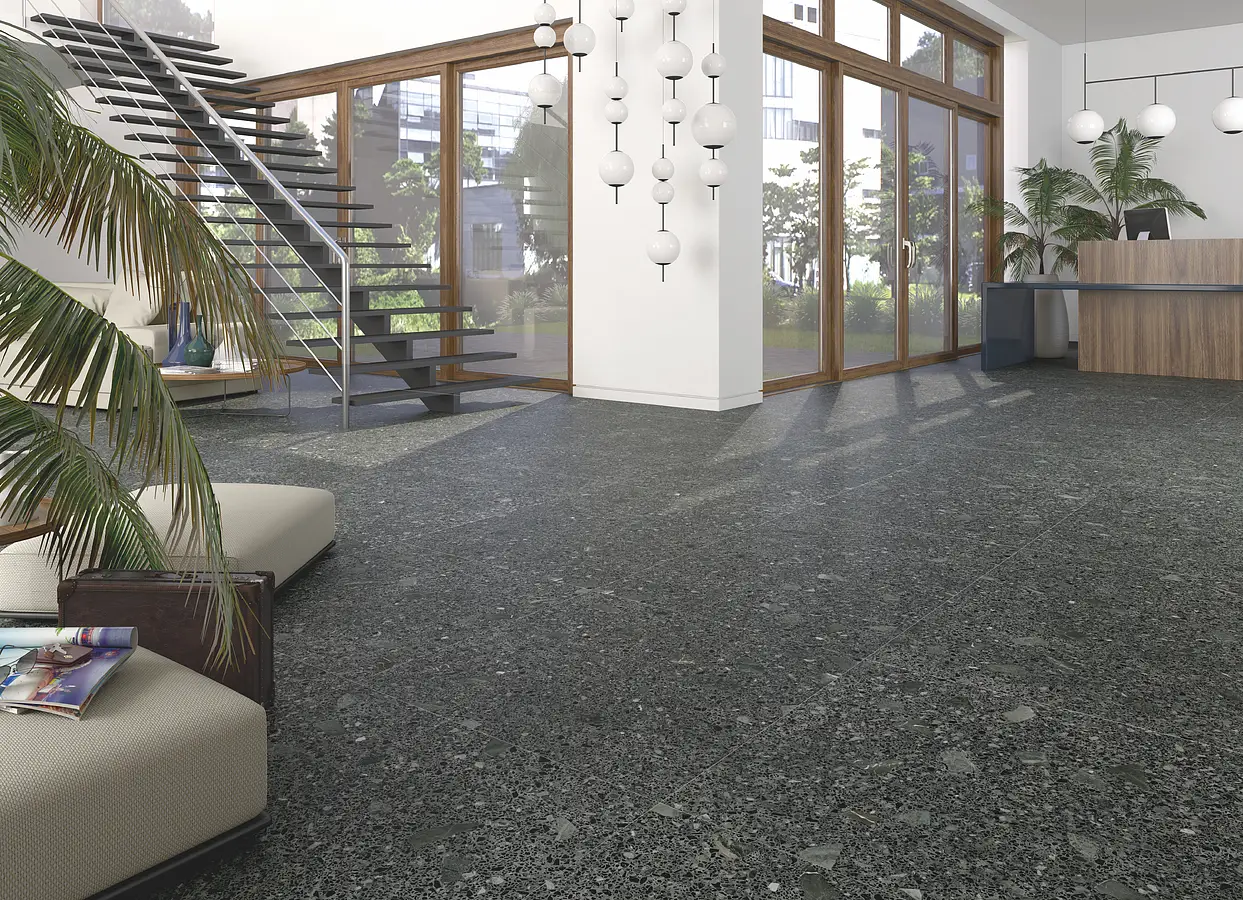 Piastrella di fondo, Effetto terrazzo, Colore nero, Gres porcellanato smaltato, 80x80 cm, Superficie antiscivolo