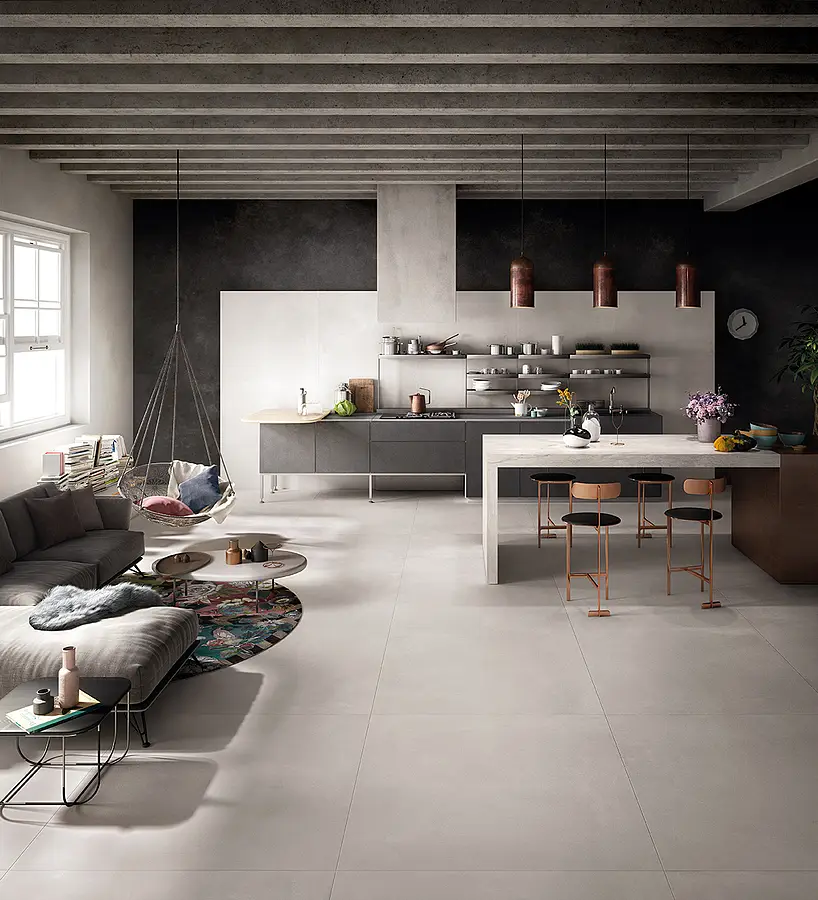 Background tile, Effect concrete, Color grey,white, Glazed porcelain stoneware, 120x280 cm, Finish antislip