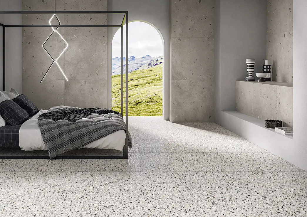 Background tile, Effect terrazzo, Color grey,white, Glazed porcelain stoneware, 90x90 cm, Finish antislip