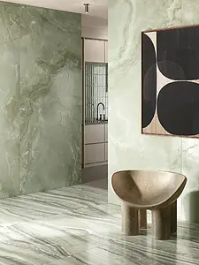 Background tile, Effect onyx, Color green, Glazed porcelain stoneware, 120x280 cm, Finish Honed