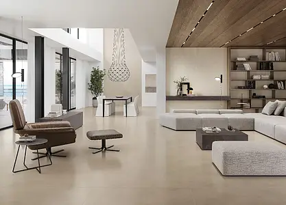 Grundflise, Effekt beton, Farve beige, Uglaseret porcelænsstentøj, 120x278 cm, Overflade mat