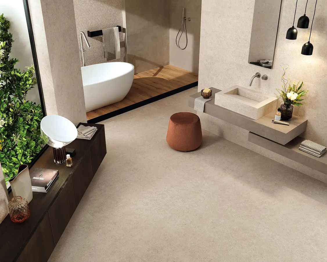 Piastrella di fondo, Effetto altri tipi di pietre, Colore beige, Gres porcellanato non smaltato, 120x120 cm, Superficie antiscivolo