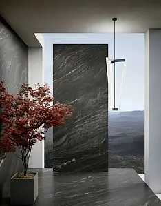 Background tile, Effect other marbles, Color black, Unglazed porcelain stoneware, 120x278 cm, Finish Honed