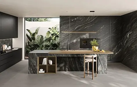 Background tile, Effect other marbles, Color black, Unglazed porcelain stoneware, 120x278 cm, Finish Honed