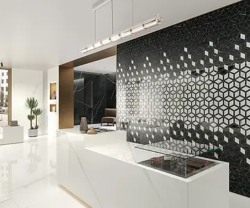 Mosaik flise, Effekt anden marmor, Farve sort-hvid, Stil designer, Uglaseret porcelænsstentøj, 46.6x284.6 cm, Overflade poleret