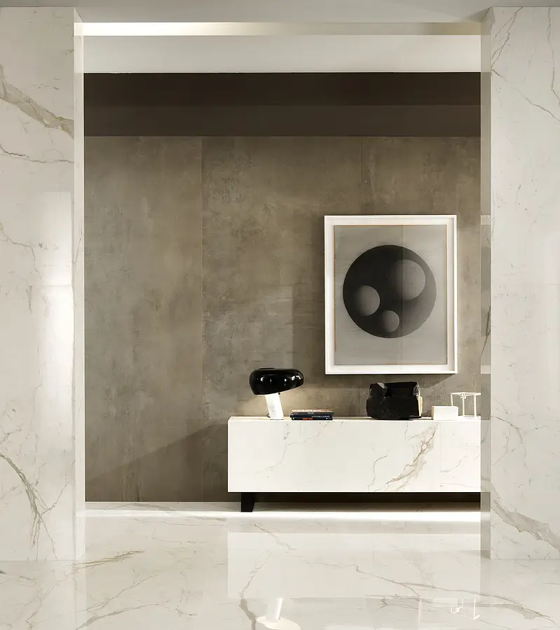 Background tile, Effect calacatta, Color white, Unglazed porcelain stoneware, 75x150 cm, Finish polished