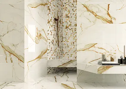Mosaik, Optik stein,gold und edelmetall,calacatta, Farbe beige, Unglasiertes Feinsteinzeug, 25.1x29 cm, Oberfläche glänzende
