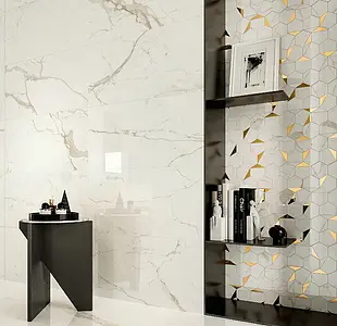 Mosaik, Optik stein,gold und edelmetall,calacatta, Farbe weiße, Unglasiertes Feinsteinzeug, 25.1x29 cm, Oberfläche glänzende
