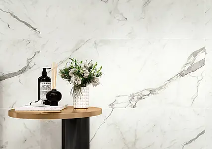 Background tile, Effect stone,statuario, Color white, Unglazed porcelain stoneware, 50x120 cm, Finish Honed