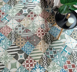 Effekt marokkanske fliser, Farve med flere farver, Stil patchwork, Grundflise, Glaseret porcelænsstentøj, 20x20 cm, Overflade mat