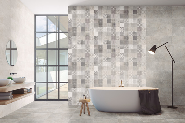 Background tile, Effect concrete, Color white, Ceramics, 30x90 cm, Finish matte