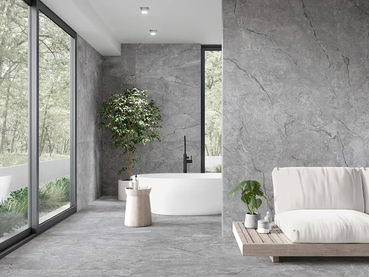 Background tile, Effect concrete, Color grey, Glazed porcelain stoneware, 120x120 cm, Finish matte