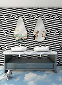 Mosaik, Farbe schwarz&weiß, Stil design, Glasiertes Feinsteinzeug, 90x120 cm, Oberfläche glänzende