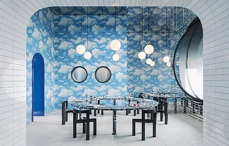 Farve himmelblå, Stil designer, Grundflise, Glaseret porcelænsstentøj, 120x120 cm, Overflade Sleben