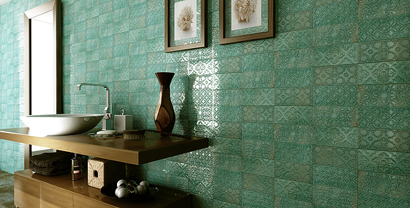 Background tile, Color green, Style patchwork,handmade, Glazed porcelain stoneware, 11.2x22.4 cm, Finish glossy