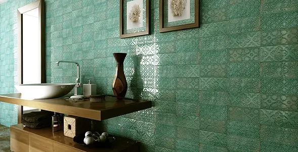 Background tile, Color green, Style patchwork,handmade, Glazed porcelain stoneware, 11.2x22.4 cm, Finish glossy