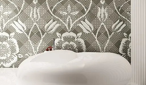 Farve grå, Stil designer, Mosaik flise, Glas, 129.1x290.5 cm, Overflade halvblank