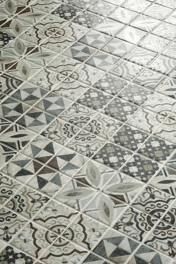 Mosaic tile, Effect wood, Color grey, Style patchwork, Glass, 30x30 cm, Finish matte