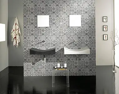 Mosaico, Effetto effetto cementine, Colore bianco e nero, Stile patchwork, Vetro, 30x30 cm, Superficie opaca