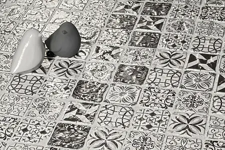 Mosaico, Efecto imitación hidráulico, Color blanco y negro, Estilo patchwork, Cristal, 30x30 cm, Acabado mate