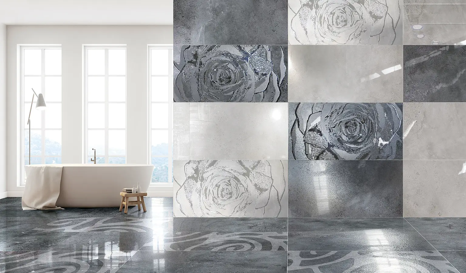 Background tile, Effect concrete, Color white, Glazed porcelain stoneware, 60x120 cm, Finish semi-polished