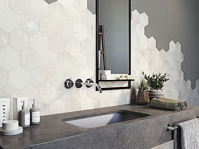 Background tile, Effect metal,concrete, Color white, Glazed porcelain stoneware, 13.9x16 cm, Finish matte