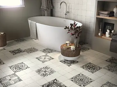 Background tile, Effect faux encaustic tiles, Color black,white, Glazed porcelain stoneware, 15x15 cm, Finish antislip