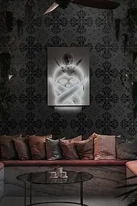Optik tapete, Farbe schwarze, Stil orientalisch, Hintergrundfliesen, Glasiertes Feinsteinzeug, 20.3x20.3 cm, Oberfläche rutschfeste