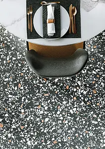 Optik terrazzo, Farbe schwarze, Hintergrundfliesen, Unglasiertes Feinsteinzeug, 120x120 cm, Oberfläche matte