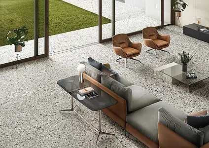 Basistegels, Effect terrazzo look, Kleur grijze, Ongeglazuurd porseleinen steengoed, 60x120 cm, Oppervlak mat