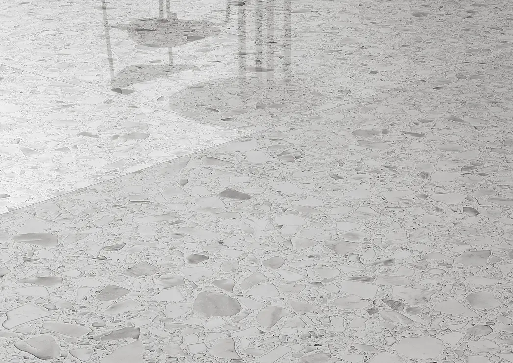 Background tile, Effect terrazzo, Color white, Glazed porcelain stoneware, 118x118 cm, Finish polished