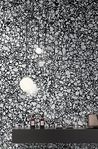 Hintergrundfliesen, Optik terrazzo, Farbe schwarze,weiße, Glasiertes Feinsteinzeug, 118x236 cm, Oberfläche polierte