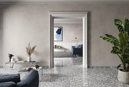 Background tile, Effect terrazzo, Color grey, Glazed porcelain stoneware, 118x118 cm, Finish polished