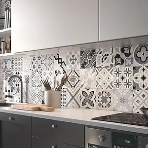 Effekt marokkanske fliser, Farve grå, Stil patchwork, Grundflise, Glaseret porcelænsstentøj, 20x20 cm, Overflade mat
