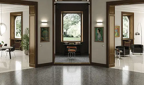 Background tile, Effect terrazzo, Color white, Glazed porcelain stoneware, 75.5x75.5 cm, Finish semi-polished