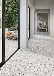 Basistegels, Effect terrazzo look, Kleur witte, Ongeglazuurd porseleinen steengoed, 60x120 cm, Oppervlak mat