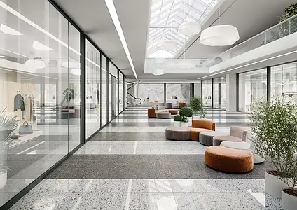 Basistegels, Effect terrazzo look, Kleur witte, Ongeglazuurd porseleinen steengoed, 60x120 cm, Oppervlak gepolijst
