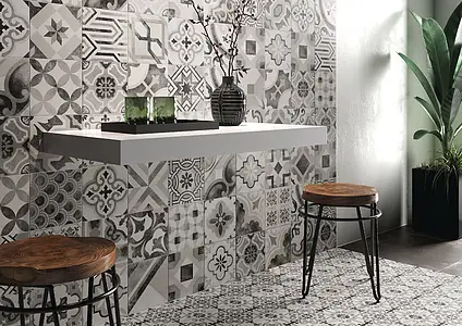 Grundflise, Effekt marokkanske fliser, Farve sort-hvid, Uglaseret porcelænsstentøj, 20x20 cm, Overflade skridsikker