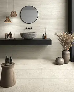 Grundflise, Effekt travertin, Farve hvid, Uglaseret porcelænsstentøj, 60x120 cm, Overflade skridsikker