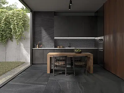 Background tile, Effect other stones, Color black, Glazed porcelain stoneware, 60x120 cm, Finish antislip
