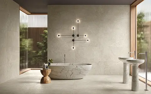 Background tile, Effect limestone, Color beige,white, Glazed porcelain stoneware, 120x120 cm, Finish antislip