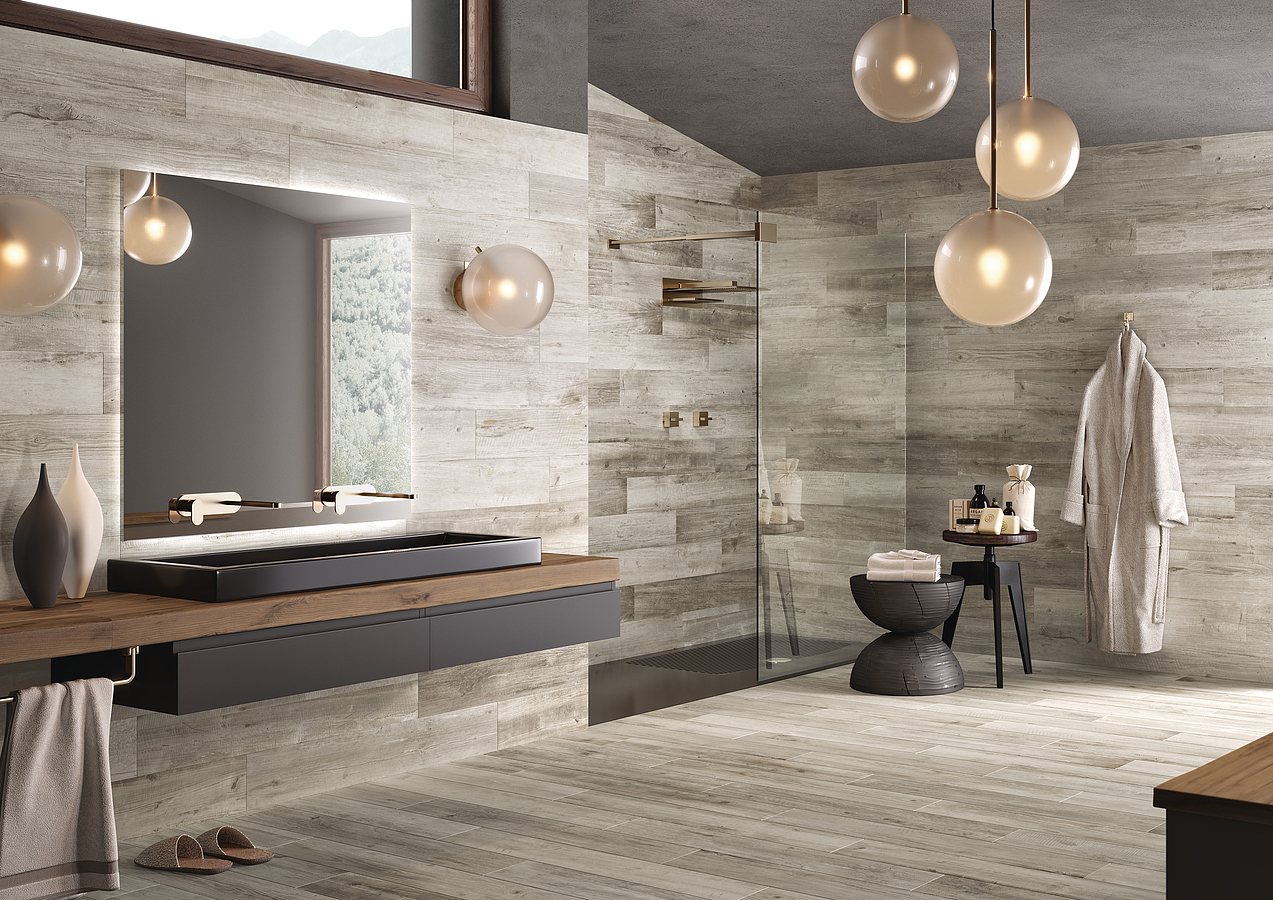 Cerdomus-baita-9Living room, Outdoors, Public spaces, Bathroom, Wood effect effect, Unglazed porcelain stoneware, wall & floor, Slip-resistance R10, Rectified edge, Shade variation V4