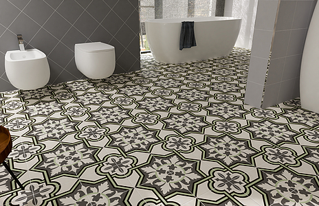 Background tile, Effect faux encaustic tiles, Color green,beige,grey, Glazed porcelain stoneware, 22.5x22.5 cm, Finish antislip