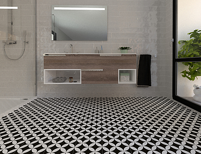Background tile, Effect faux encaustic tiles, Color black & white, Glazed porcelain stoneware, 22.5x22.5 cm, Finish antislip