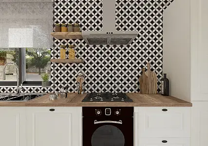Grundflise, Effekt marokkanske fliser, Farve sort-hvid, Glaseret porcelænsstentøj, 22.5x22.5 cm, Overflade skridsikker