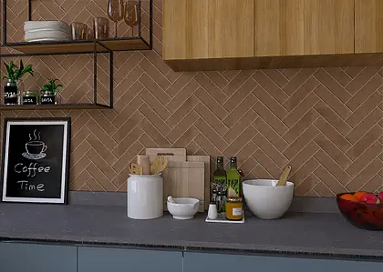 Background tile, Effect terracotta, Color red,brown, Glazed porcelain stoneware, 6.2x23.5 cm, Finish antislip