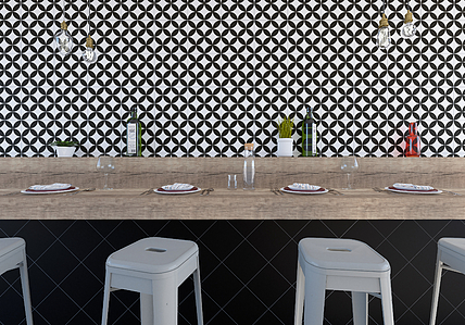 Background tile, Effect faux encaustic tiles, Color black & white, Glazed porcelain stoneware, 22.5x22.5 cm, Finish antislip