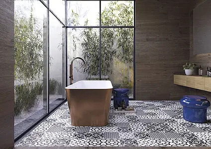 Background tile, Effect faux encaustic tiles, Color black & white, Glazed porcelain stoneware, 20x20 cm, Finish matte