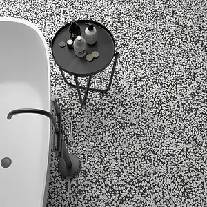 Hintergrundfliesen, Optik terrazzo, Farbe schwarze, Glasiertes Feinsteinzeug, 23.2x26.7 cm, Oberfläche matte