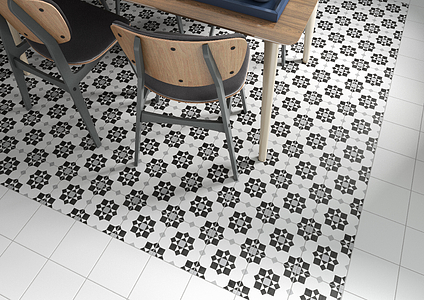 Carrelage, Effet imitation carreaux de ciment, Teinte noir et blanc, Grès cérame émaillé, 19.7x19.7 cm, Surface mate